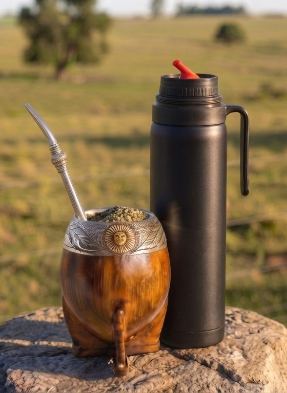 Mate de calabaza con aro de alpaca y termo, sobre una piedra en el campo